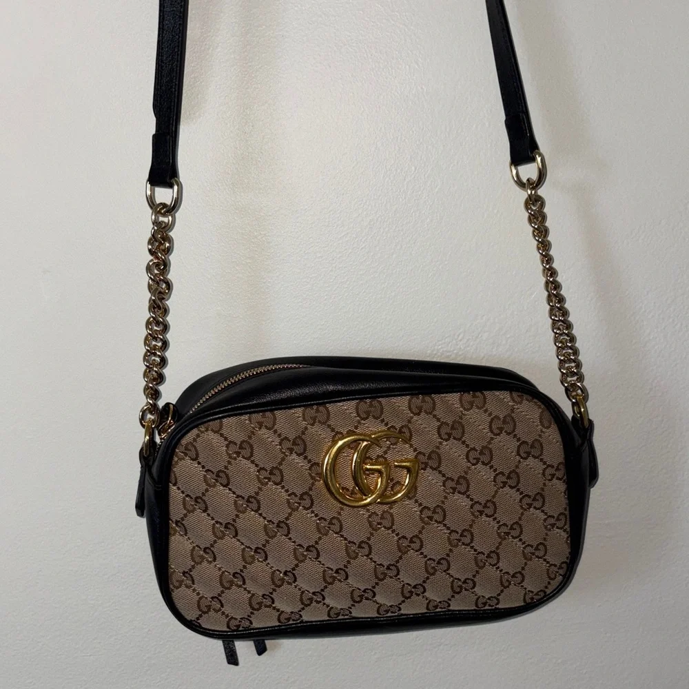 Gucci Beige Brown GG Canvas Crossbody with Black Trim and Gold Hardware